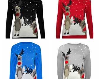 Women's Knitted Twin Reindeer Christmas Double Rudolf Sweater Novelty Long Sleeve Ladies Jumper 8-24