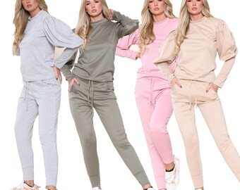 Top Fashion18 Ladies Puff Sleeve Top Bottom Jogging Loungewear Suit Tracksuit Size 8-24