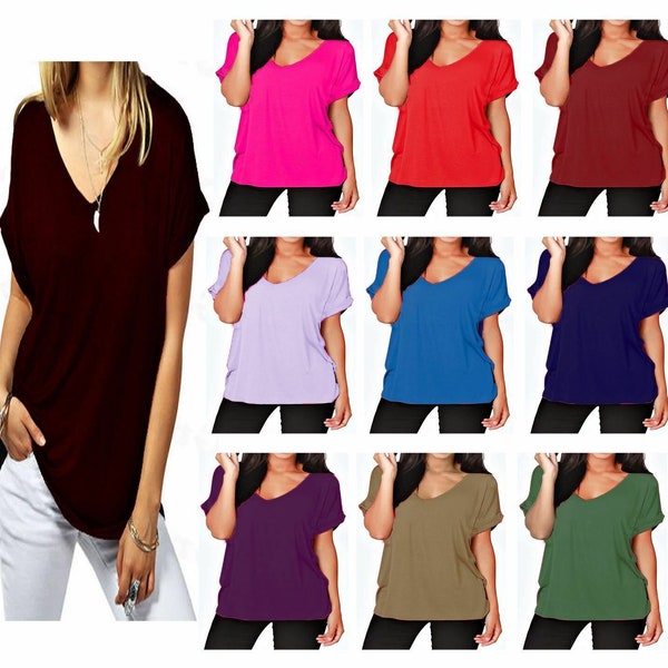 Women's Plus Short Turn Up Sleeve Baggy Plain Top V-Neck T-Shirt Size 8-22