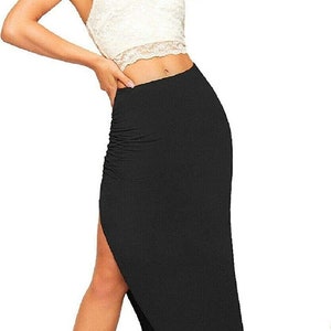 Women's Stretchy Fitted Front Split Midi Pencil Skirt,Calf-Length Ladies  Cotton Solid Stretch Slim Long Skirts 