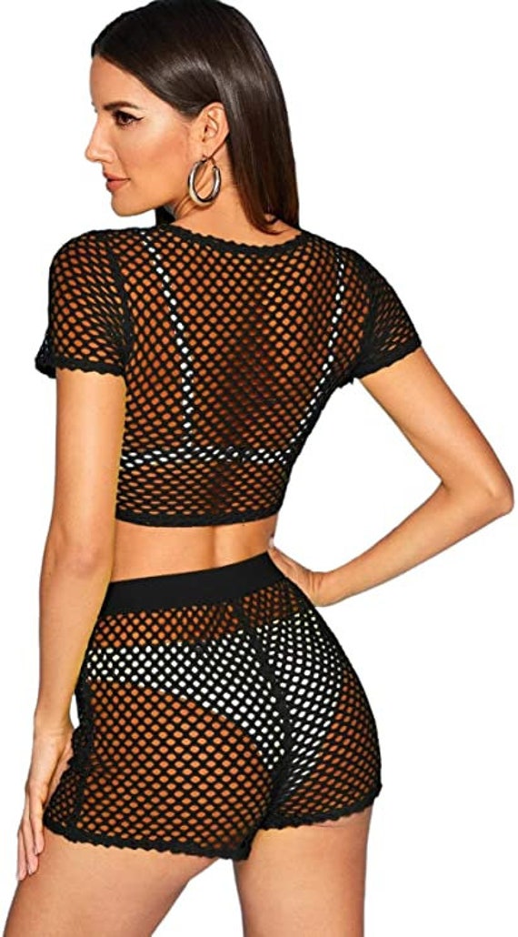 Ladies 2 Pieces Fishnet Crop Top With Shorts Outfit Hot Pants Mesh