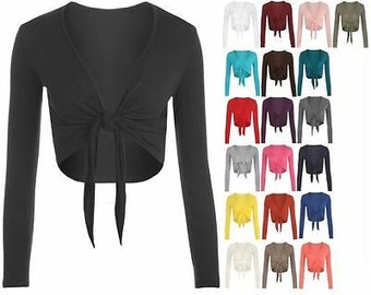 Ladies Long Sleeve Tie Up Front Cropped Shrug Bolero Cardigan Top UK 8-26