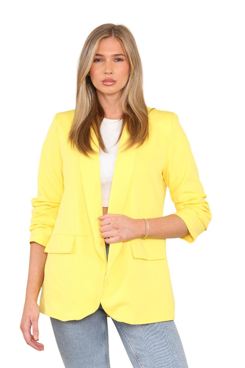 Womens Ruched Sleeve Fully Lined Blazer Collared Casual Ladies Formal Jacket Top Size 8-20 immagine 10