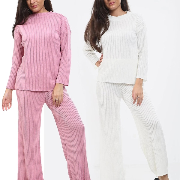 Ladies Ribbed Round Neck Top Rib Knit Co-Ords Suit Palazzo Loungewear Set Size 8-14