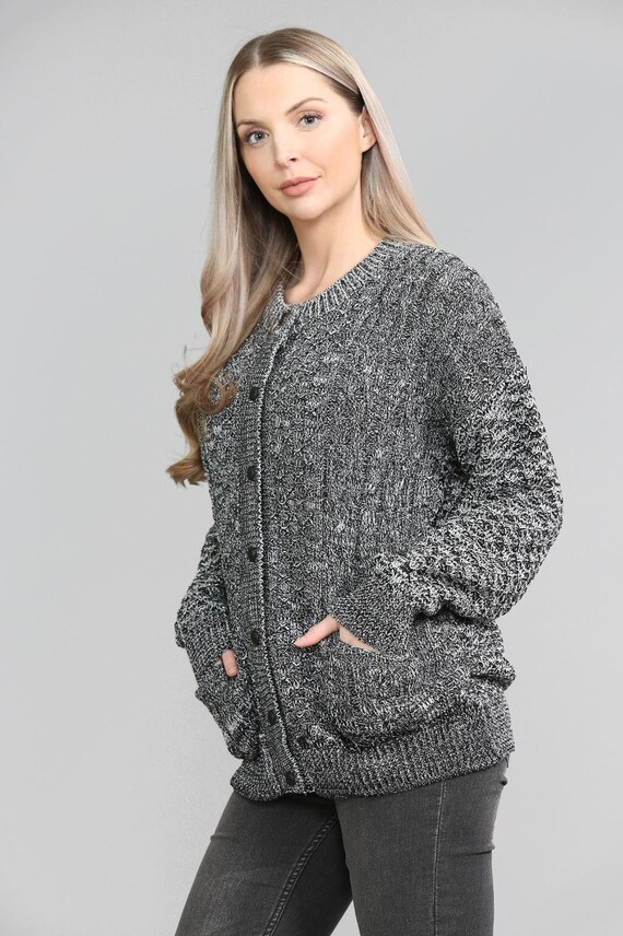 Womens Cable Knit Crew Neck Cardigan Ladies Knitted Pocket Front