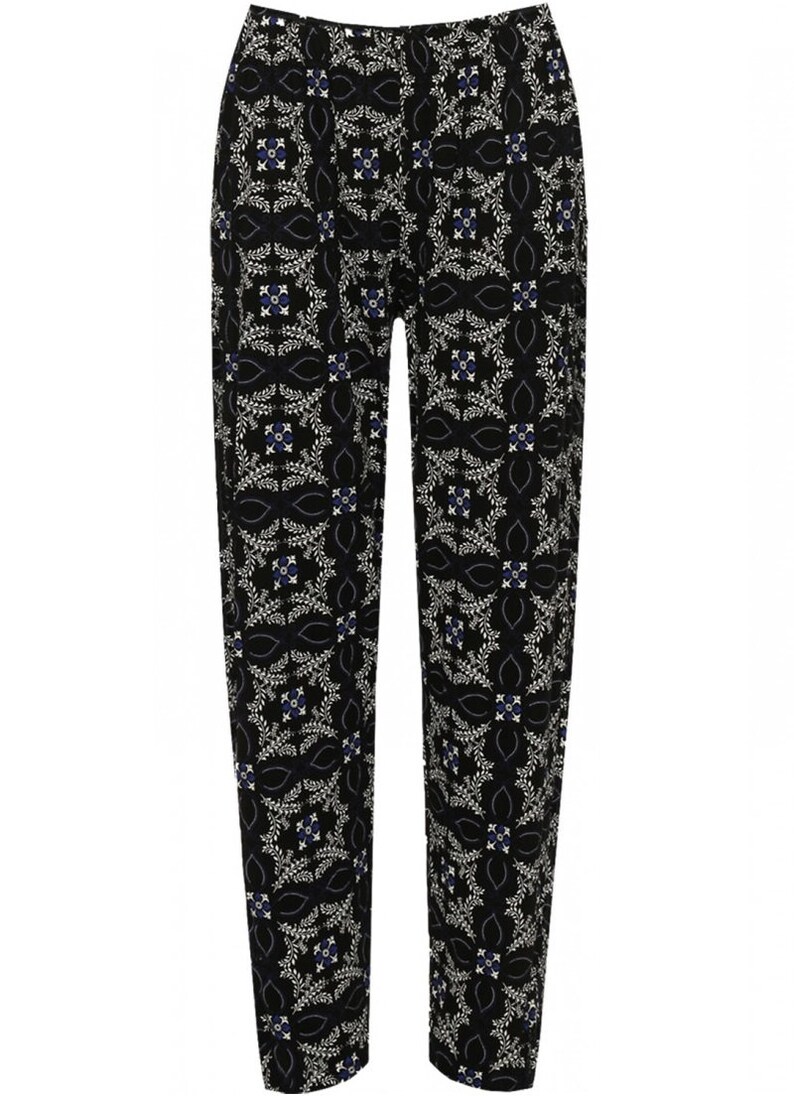 Womens Plus Floral Full Length Trousers Elasticated Waist Royal Flower Blue