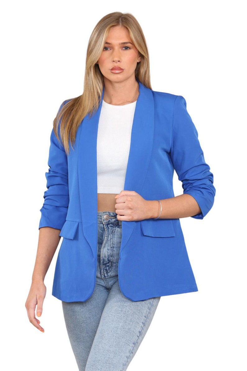 Womens Ruched Sleeve Fully Lined Blazer Collared Casual Ladies Formal Jacket Top Size 8-20 immagine 9