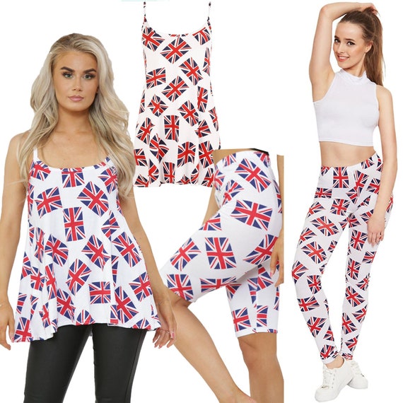 Women's Union Jack Flag Summer Cami Dress Leggings Vest Shorts Festival  Size 8-22 