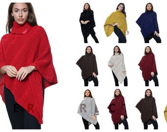 Womens Knitted Cape Shawl Wrap Long Folded Roll Neck Button Sweater Jumper Poncho Top One Size