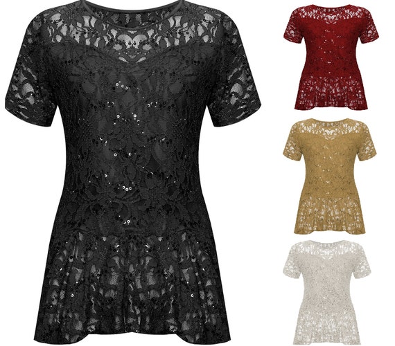 New Ladies Plus Size Floral Party Tunic Lace Lined Short Sleeve Top Sizes 14-28 