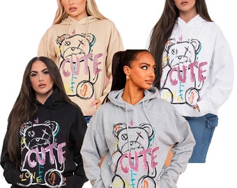 Ladies Unisex Cute Teddy Graphic Kangaroo Pocket Hooded Top Sweatshirt Hoodie Drawstrings Sizes 14-28