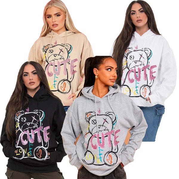 Ladies Unisex Cute Teddy Graphic Kangaroo Pocket Hooded Top Sweatshirt Hoodie Drawstrings Sizes 14-28