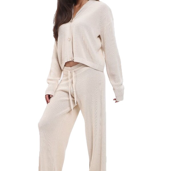 Womens Baggy 3 Button Cardigan and String Trousers Set Yoga Loose Fit Co-Ord Loungewear Size 8-14