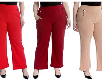 Women's Plus Button Embellished Pocket Palazzo Trousers Ladies Wide Leg Pants Size 14-28