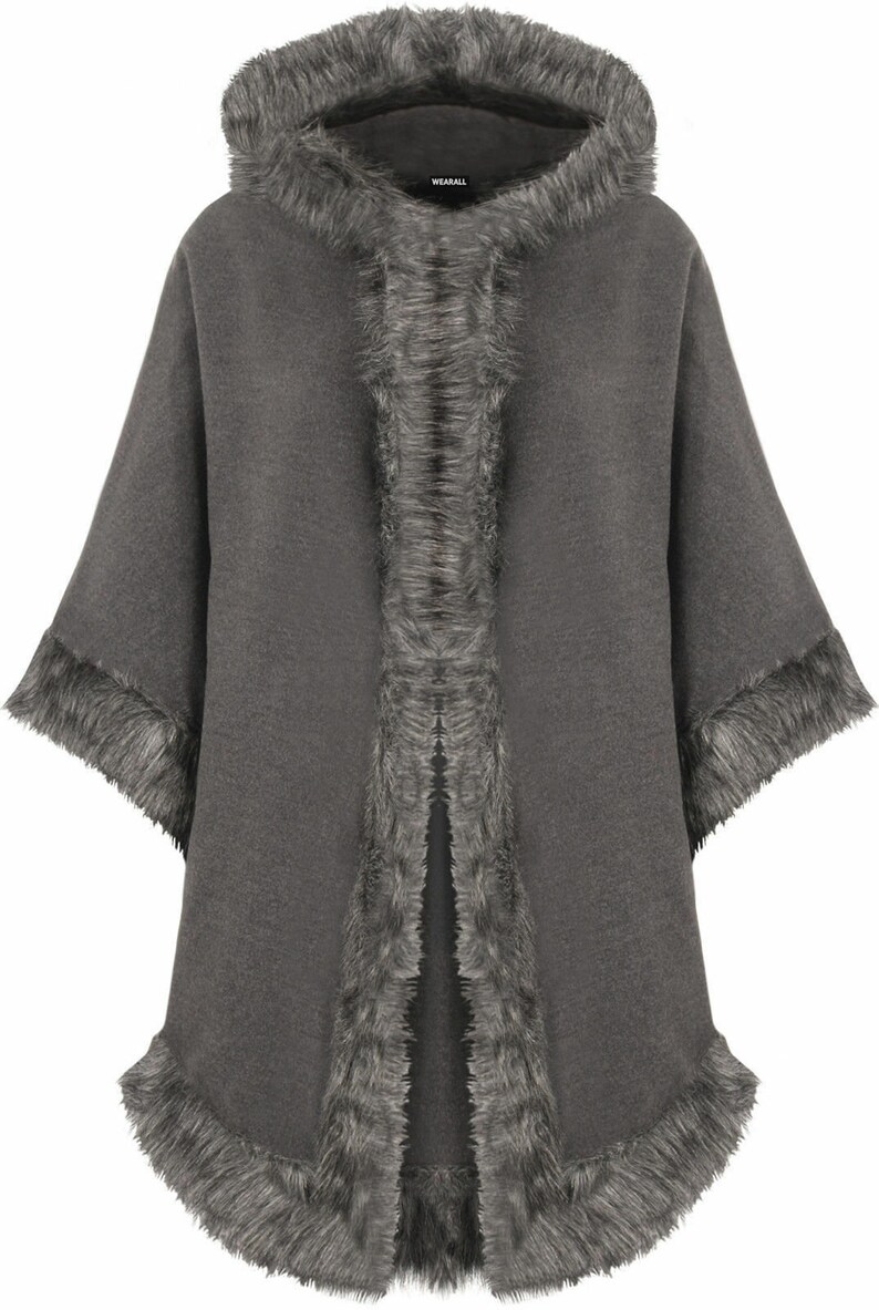 WearAll Women's Plain Faux Fur Trim Hood Cape Shawl Cloak Poncho Coat Top 8-20, Camel, 8-22