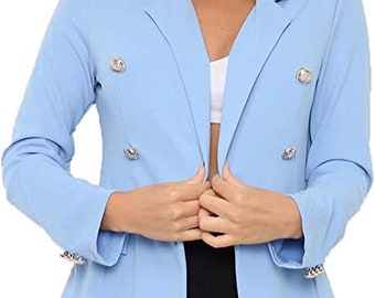 Women's Blazer Suit Slim Long Sleeve Plain Italian 3 Gold Button Coats Jackets Waistcoats Cardigan UK 8-16