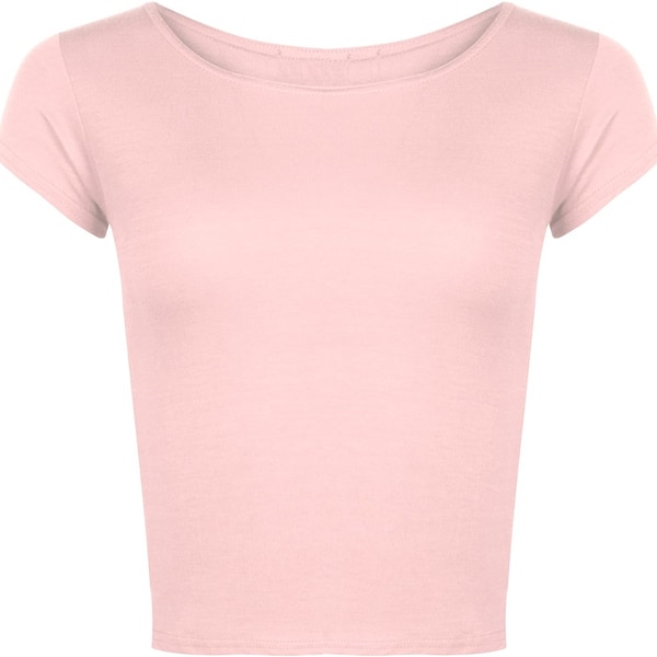 Ladies Plain Crop Short Sleeve Top Round Neck Stretch Ladies Bra Vest Sizes 8-14