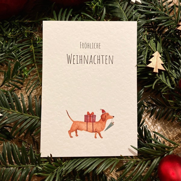 Postkarte, Weihnachts-Dackel, Fröhliche Weihnachten, Grußkarte, Aquarell, Kunstdruck, Weihnachtspost