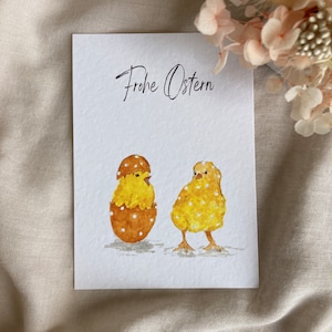 Lustige Küken Postkarte zu Ostern, Grußkarten, Osterdeko, Tisch Dekoration, Aquarell