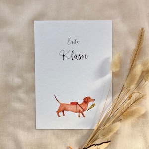 Erste Klasse, Karte zur Einschulung, Dackel mit Schultüte, Einladungskarte, Kunstdruck, Klimaneutrale Produktion, Aquarell