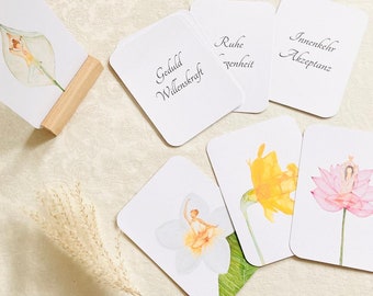 Juego de cartas "Yoga Flower Magic", cartas de yoga - impresas en el anverso y el reverso - pintura de acuarela - asanas - mujeres - flores