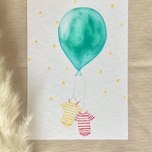 Glückwunschkarte für Zwillinge, Geburtskarte, Gutscheinkarte, Personalisierbar, Geburtstagskarte, zur Geburt, Strampler mit Luftballon