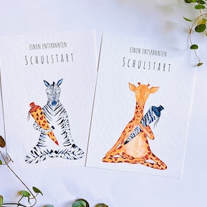Einschulungskarte Giraffe oder Zebra mit Schultüte - Einen entspannten Schulstart - Schulanfang - Schulbeginn, Kunstdruck, Kinderyoga