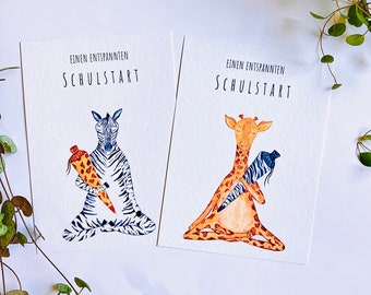 School enrollment card Giraffe or Zebra with school bag - A relaxed start to school - Back to school - School start, art printing, children's yoga