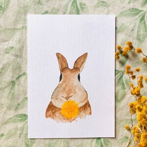 Niedlicher Hase mit Löwenzahn - Grußkarte - Wandbild - Kunstdruck - Ostergrüße - Ostern - Osterkarte - Kinderzimmer - Aquarell