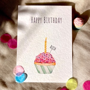 Personalisierte Geburtstagskarte, Grußkarte, Postkarte, Aquarell, Gratulation, personalisierbar, Geburtstagstörtchen, Karte mit Namen