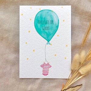 Glückwunschkarte zur Geburt, Gutscheinkarte, Personalisierbar, Babykarte, Alles Gute zur Geburt, Strampler mit Luftballon