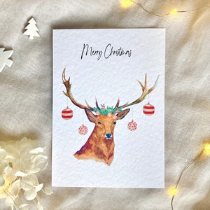 Postkarte, Hirsch mit Weihnachtskugeln, Weihnachtsgrüße, Weihnachten, Winterkarte, Aquarell, Grußkarte
