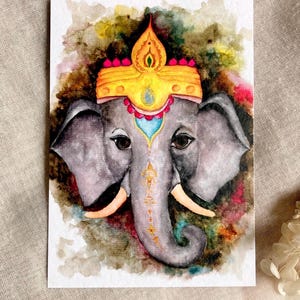 Grußkarte Ganesha, Glückselefant, Indischer Elefant, Yoga, kleines Wandbild, Aquarellmalerei, Glückbringer, Kunstdruck A6