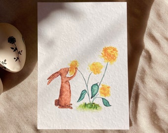 Osterkarte, Grußkarten zu Ostern, Postkarte Osterhase, Hase mit Blume, Häschen riecht an Blume, Kunstdruck, Osterdeko, Tisch Dekoration