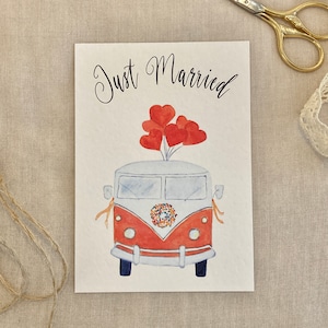 Hochzeitskarte Just Married, personalisierbar, Einladungskarte, Dankeskarte, Aquarell, Roter Hochzeits-Bulli, Grußkarte, Klimaneutral
