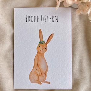 Häsin Postkarte, Osterkarte Grußkarte, Osterhase, Hase mit Blumenkranz, Osterdeko, Tisch Dekoration, Aquarell