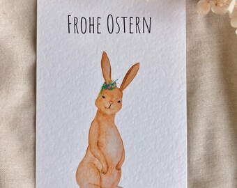 Häsin Postkarte, Osterkarte Grußkarte, Osterhase, Hase mit Blumenkranz, Osterdeko, Tisch Dekoration, Aquarell