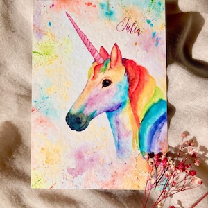 Postkarte Einhorn - Geburtstagsskarte - Einschulungskarte - Grußkarte  - Kinderzimmer Wandbild - Kunstdruck - Aquarell, Regenbogen Einhorn