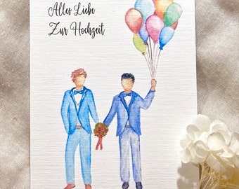 May include: Watercolor wedding card featuring two figures in blue suits, one holding balloons and the other a bouquet. The card has the text "Alles Liebe Zur Hochzeit" and the artist's name, "Feenfeder."