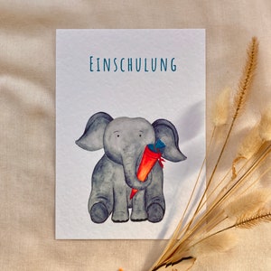 Postkarte zur Einschulung, Personalisiert, Einladungskarte, Gratulationskarte, Elefant mit Schultüte, Kunstdruck, Aquarell, Erste Klasse