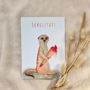 Einschulungskarte Erdmännchen, personalisierbar, Gratulationskarte, Einladungskarte, Erdmännchen mit Schultüte, Klimaneutrale Produktion
