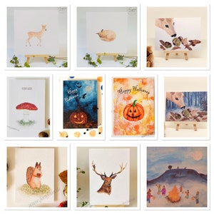Sonderaktion Herbstkarten 10er Set gemischt, Halloween, Laternenumzug, Waldtiere, Fliegenpilz