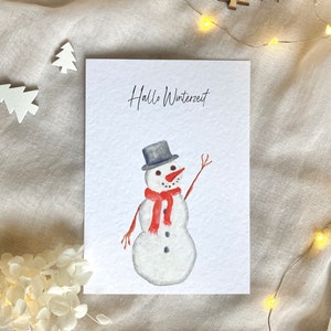 Postkarte, Schneemann, Hallo Winterzeit, Weihnachten, Winterkarte, Aquarell, Grußkarte