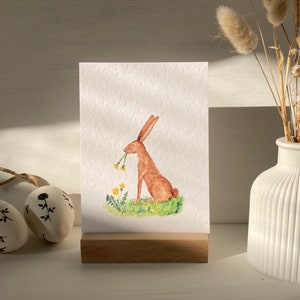 Osterkarte, Osterhase mit Blume, Hasenkarte, Grußkarte Hase, Aquarell, Postkarte, Ostern, Kinderzimmer, Kunstdruck, Ostergrüße