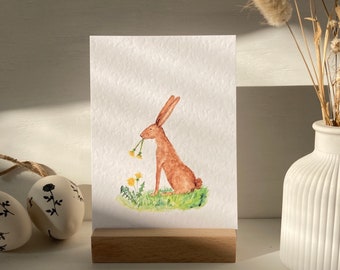 Osterkarte, Osterhase mit Blume, Hasenkarte, Grußkarte Hase, Aquarell, Postkarte, Ostern, Kinderzimmer, Kunstdruck, Ostergrüße