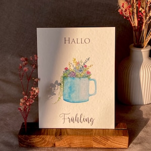 Frühlingskarte, Hallo Frühling, Grußkarte, Postkarte, Tasse mit Blumen, hochwertiges Postkartenpapier, Frühling, Kunstdruck, Aquarell