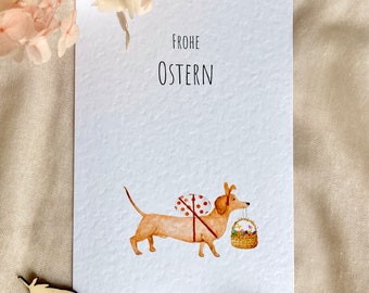 Osterkarte, Osterdackel, Postkarte, Dackel zu Ostern Grußkarte, Ostergrüße, Klimaneutrale Produktion, Aquarell