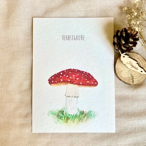 Postkarte Fliegenpilz - Personalisierbar - Herbstgrüße - Grußkarte - Glückspilz - Kunstdruck - Klimaneutraler Druck