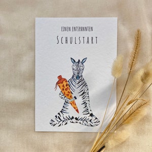 Zebra Postkarte zur Einschulung, Schulstart, Aquarell, Schultüte, Einschulungskarte, Schulbeginn, erste Klasse, klimaneutrale Produktion