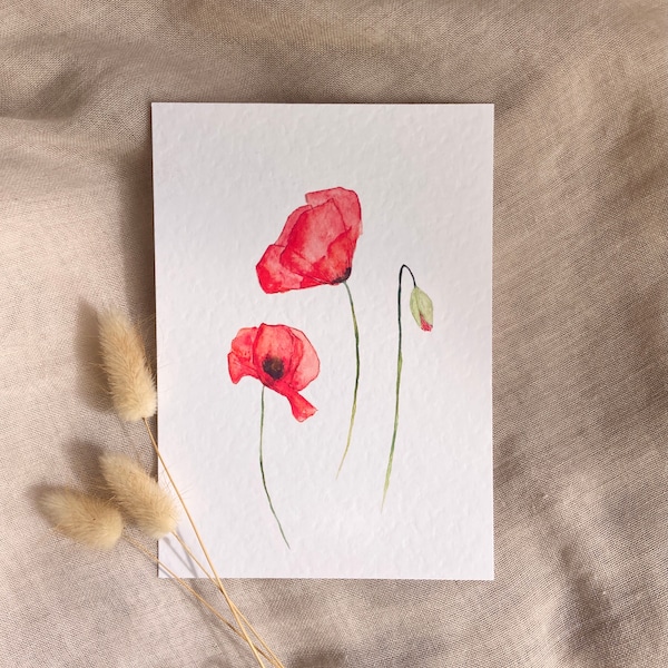 Grußkarte Mohnblume - Geburtstagskarte - kleines Wandbild - Aquarellmalerei - Kunstdruck - A6 - Mohnblumen - Blumenbild